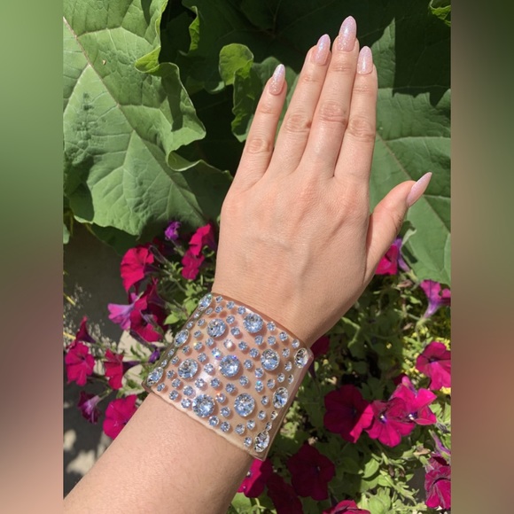 Clear Acrylic Swarovski Crystal Embellished Wide Chunky Cuff Bracelet for Women - Picture 15 of 17